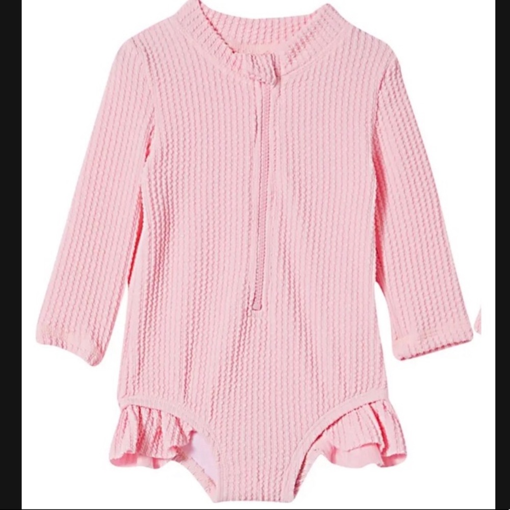 Pink ruffle rash guard swimsuit